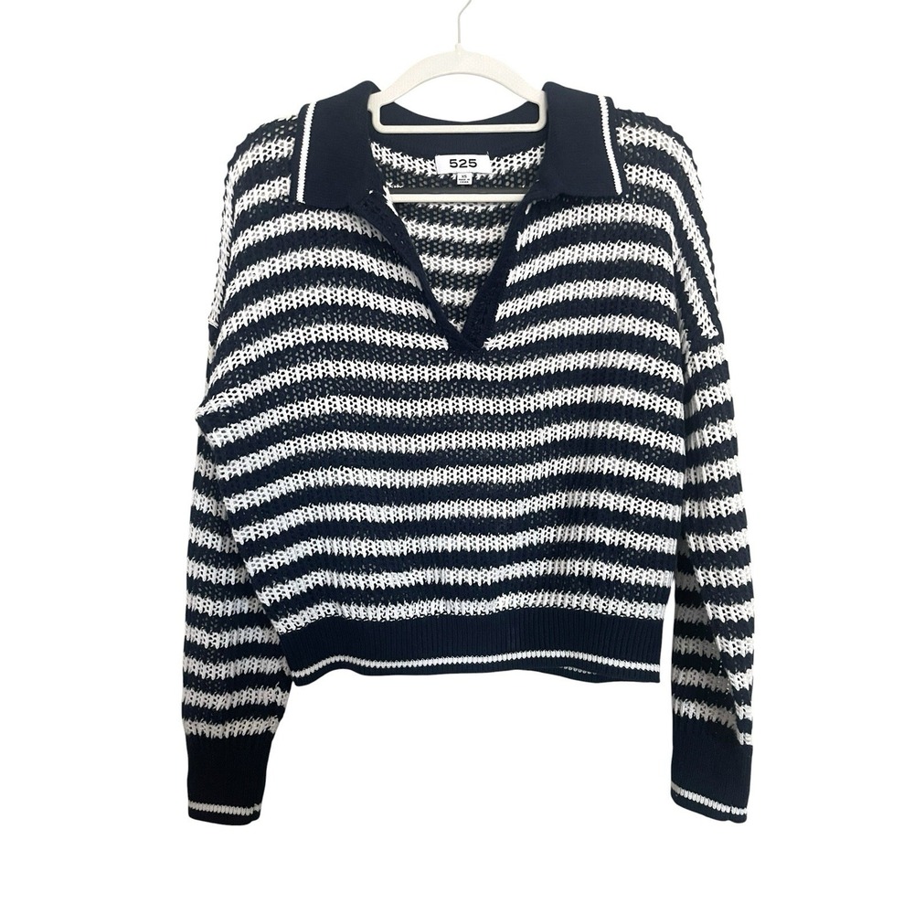 525 America Kimberly Cotton Navy Stripe Open Knit Polo Sweater XS Coastal Preppy - Picture 11 of 15